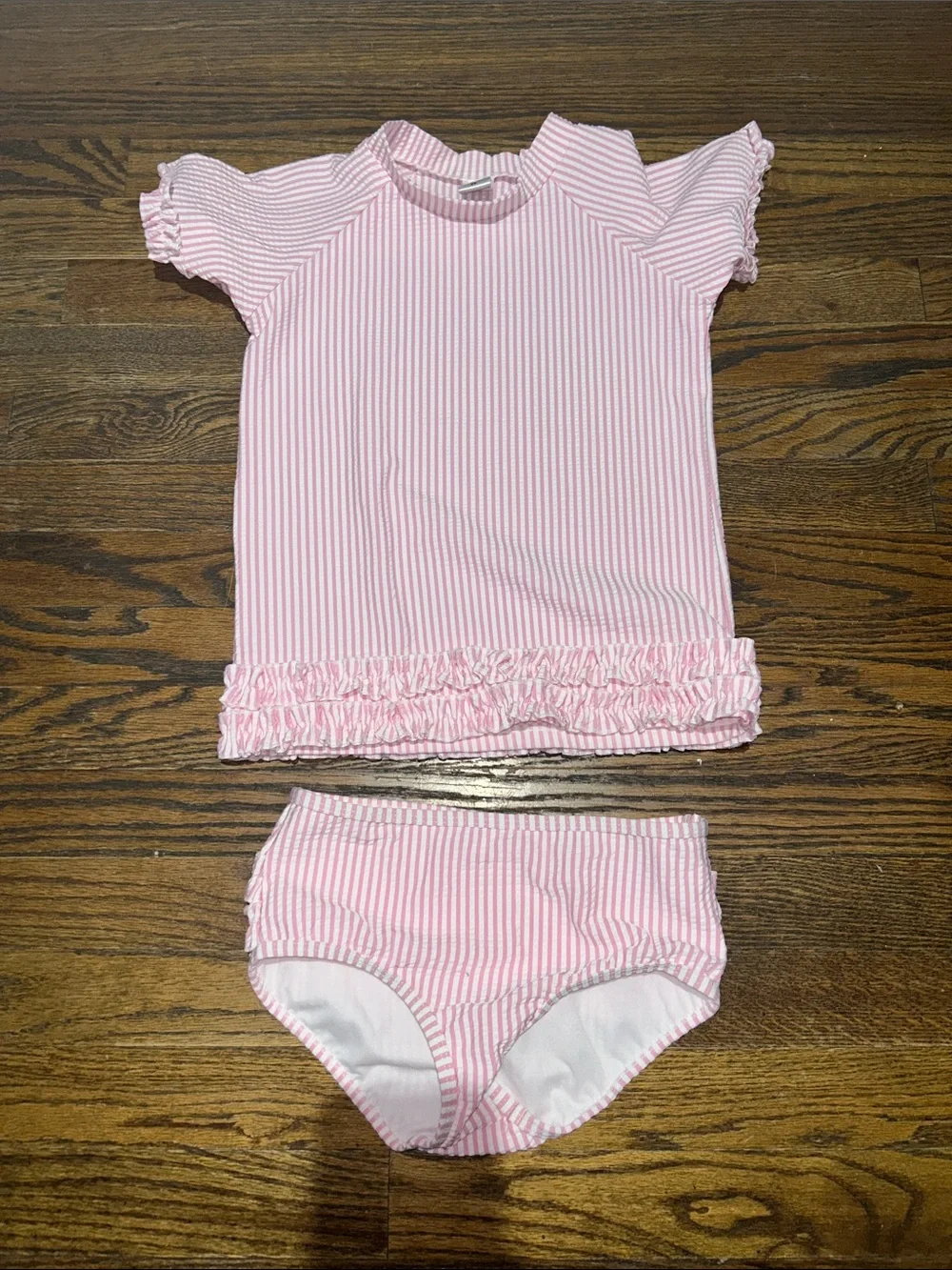Ruffle Butts Pink Seersucker 3-Piece Swim Set with Sun Hat